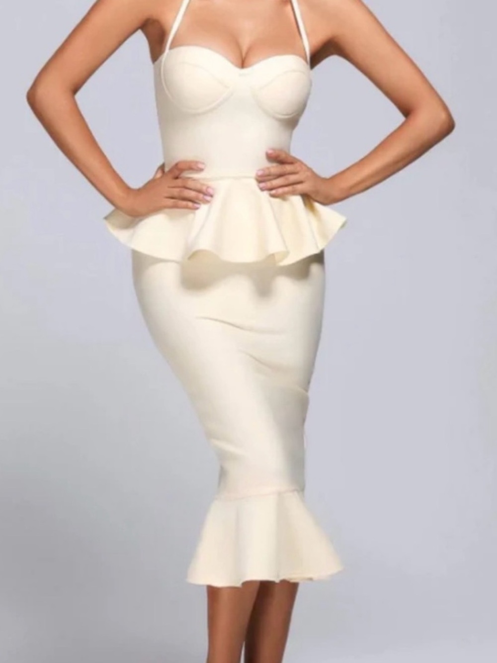 PrettyLittleThings Elegant Cream Strappy Peplum Frill Hem Bandage Midi Dress